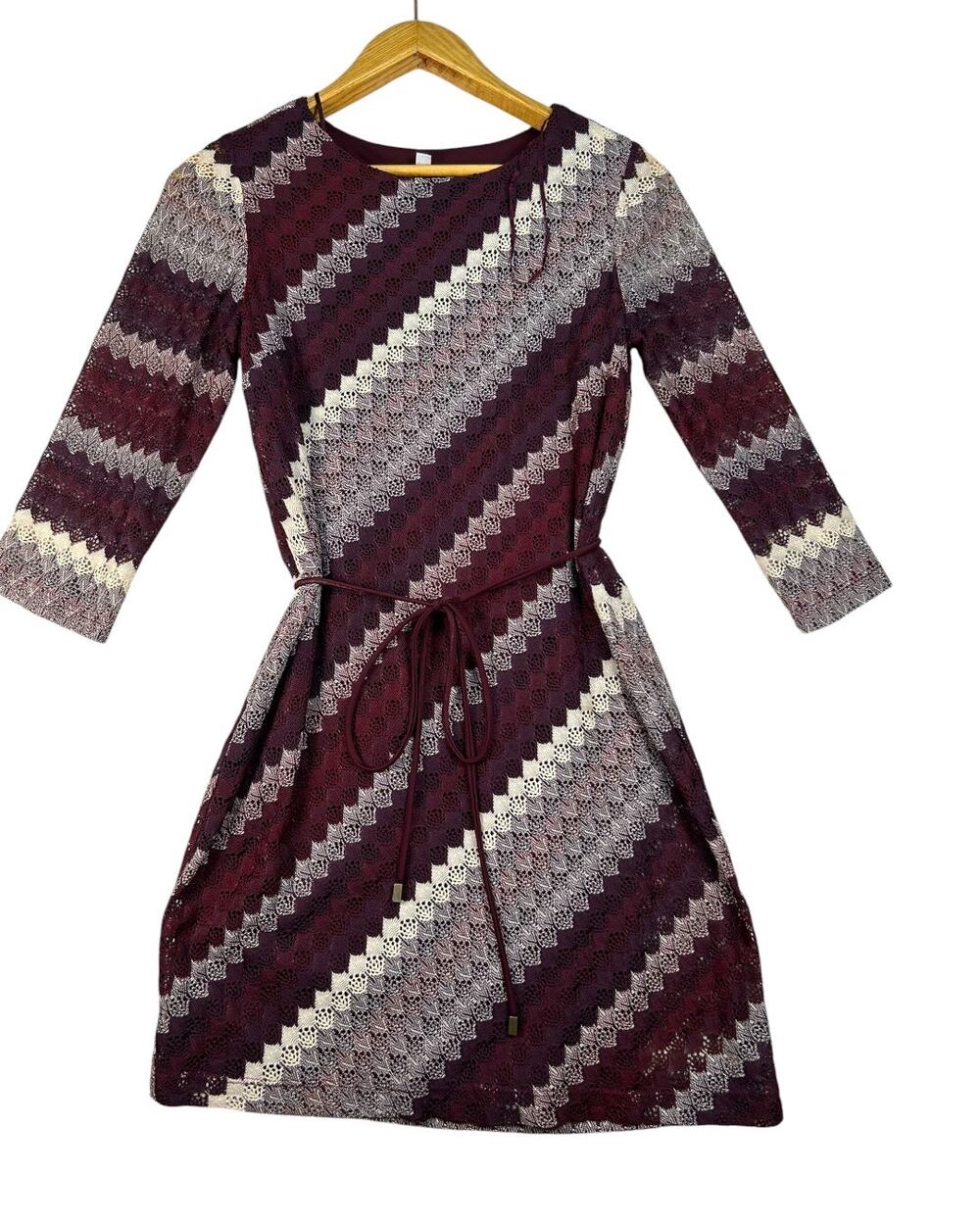 Studio One Women’s 6P Burgundy Lace Fit & Flare Belted Dress Petite